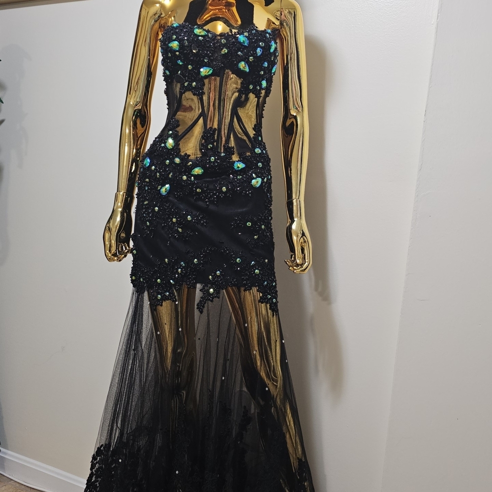 Alyce Paris Strapless Black Dress with Blue and Green Embellishments - Picture 4 of 8